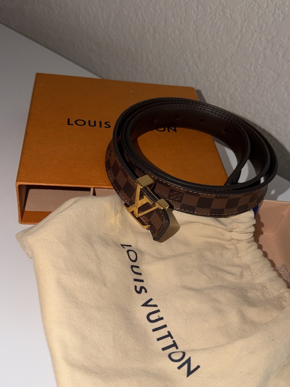 Louis Vuitton Brown Damier Canvas Belt with Gold LV Buckle